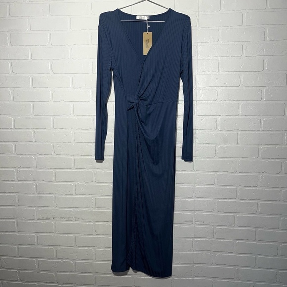Shibever Womens Midi Dress Blue Ribbed Knit Twist Front Bodycon Draped Large NWT - Picture 2 of 9